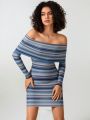 THE VAULT Striped Print Off Shoulder Bodycon Dress