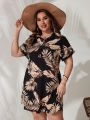 SHEIN VCAY Plus Size Ladies' Batwing Sleeve Dress With Plant Print