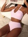 SHEIN Swim Vcay Women's Solid Color Halter Top And High Waisted Triangle Bottom Bikini Swimsuit Set