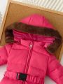 50% White Duck Down Filling Baby Girls' Thickened Hooded Puffer Coat For Cold Winter