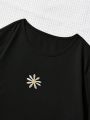 SHEIN Qutie Flower Embroidery Round Neck T-shirt