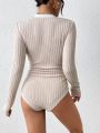 SHEIN Frenchy Women'S Knitted V-Neck Long Sleeve Bodysuit