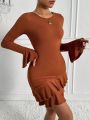 SHEIN Essnce Women's Solid Color Ruffle Sleeve Dress