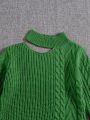 Big Girls' Knitted Sweater With Asymmetric Collar And Twisted Flower Detail, Solid Color