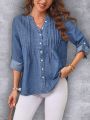 SHEIN LUNE Rolled Sleeve Denim Shirt Jacket With Single Breasted Button Closure