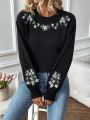 SHEIN LUNE Floral Pattern Drop Shoulder Sweater