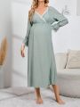 Maternity Contrast Lace Flounce Sleeve Overlap Collar Nightdress