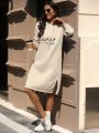 SHEIN LUNE Slogan Graphic Slant Pocket Drop Shoulder Drawstring Hoodie Dress