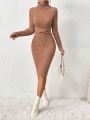 SHEIN Privé Turtleneck Raglan Sleeve Twist Front Ribbed Knit Bodycon Sweater Dress