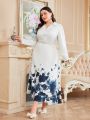 SHEIN Modely Plus Size Floral Button Decorated Long Sleeve Dress Without Belt