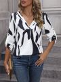 SHEIN LUNE Graphic Print Roll Tab Sleeve Blouse