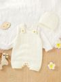 Baby Girls' Solid Color Knitted Buttoned Overalls Jumpsuit With Twisted Flower Pattern Sweater, For Crawling