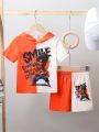 SHEIN Kids QTFun 2pcs/Set Young Boys' Cute Color Block Character & Letter Print Hooded Short Sleeve Top And Shorts For Simple Leisure Occasions, Summer