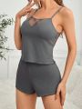 Women's Heart-Shaped Mesh Cami Set