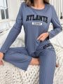 Women's Blue Striped Alphabet Print Homewear