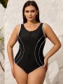 SHEIN Swim Basics Plus Size Zipper Front One Piece Swimsuit With Splice Edge Detail