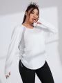 Yoga High Street Women's Plus Size Mesh Patchwork Yoga Long Sleeve Side Drawstring Athletic T-shirt