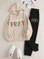 Women's Letter Print Hoodie And Pants Set With Drawstring