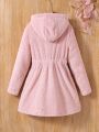 SHEIN Kids QTFun Tween Girl 1pc Floral Embroidery Dual Pocket Hooded Teddy Coat