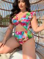 SHEIN Swim Vcay Plus Size Women's Floral Print Hollow Out One Piece Swimsuit