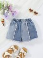 Young Girls' Vintage Street Style Color Block Elastic Waist Frayed Denim Shorts