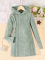 SHEIN Kids EVRYDAY Teen Girls' Knitted Solid Color Slim Fit Casual Hooded Sweater Dress