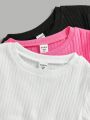 SHEIN Kids EVRYDAY 3pcs/Set Tween Girls' Slim Fit Casual Short Sleeve T-Shirt With Round Neckline And Scalloped Hem