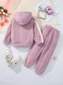 SHEIN Kids EVRYDAY Young Girl Letter Embroidery Contrast Side Seam Teddy Hoodie & Pants