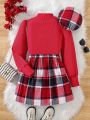 Teen Girls' Stand Collar Red Knit T-shirt, Wool Blend Mini Skirt And Hat 3-piece Outfit