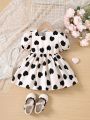 Infant Girls' Elegant Square Neckline Puff Sleeve Princess Dress With Heart Print For Summer