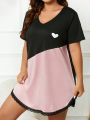 Plus Heart Print Colorblock Lace Trim Nightdress