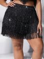 SHEIN CURVE+ Plus Size Women's Sparkling Fringed Shorts