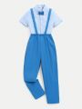 Boys' Blue Short Sleeve Shirt With Suspenders And Long Pants Suit, Gentleman Style