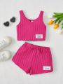 SHEIN Kids EVRYDAY Little Girls' Solid Color Sleeveless Vest Top And Shorts Set With Letter Patch Decoration