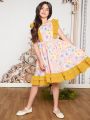 SHEIN Kids CHARMNG Tween Girls' Romantic Floral Printed Woven Patchwork Short Sleeved Dress