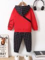 SHEIN 3pcs/Set Little Boys' Casual Spider Print Hooded Sweatshirt, Printed Pants And Shoulder Bag Set, For Street Skating In Spring And Autumn