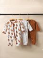 SHEIN Newborn Baby Boys' Cute Printed Romper Bodysuit Set, 3pcs