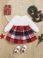 SHEIN Baby Girl Plaid & Christmas Elk Embroidery Plaid Print Dress