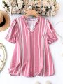 SHEIN LUNE Plus Striped & Polka Dot Print Frill Trim Notched Neck Puff Sleeve Blouse