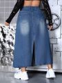 SHEIN ICON Plus Size High Waisted Washed Denim Skirt