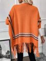 SHEIN LUNE Striped Pattern Fringe Hem Batwing Sleeve Fringe Trim Duster Cardigan