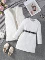 SHEIN Kids CHARMNG Little Girls' 2pcs/set Casual Comfortable Warm Fleece Jacket And Pants Outfits, For Autumn And Winter