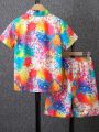 SHEIN Kids EVRYDAY Tween Boy Ink-Splatter Printed Short Sleeve Shirt And Shorts Set