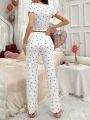 Ladies' Heart Pattern Printed Short Sleeve Long Pant Pajamas Set