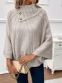 SHEIN LUNE Turtleneck Batwing Sleeve Button Detail Cable Knit Poncho