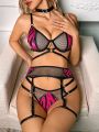 Wild Women's Zebra Print Fishnet Lingerie Set With Floral Patchwork, Sexy