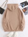 Plus Size Women's Fleece Hoodie With Slogan, Book Print And Drawstring