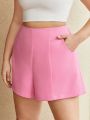 SHEIN BIZwear Women's Plus Size Solid Color Loose Fit Shorts With Diagonal Pockets For Casual Wear