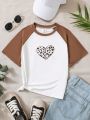 SHEIN Kids Y2Kool Girls' Leopard Print & Heart Pattern Color Block Raglan Sleeve T-Shirt