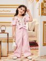 SHEIN Kids Nujoom Young Girl Flower Applique & Tape Decoration Cold Shoulder Wide Leg Jumpsuit